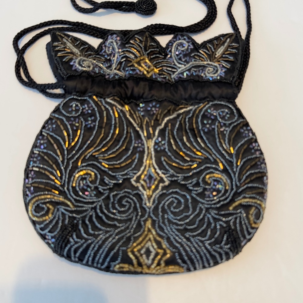 Vintage Style Black Beaded Evening Bag Gold Silver Drawstring Pouch Crossbody